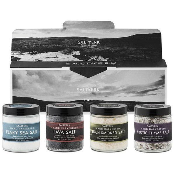 Saltverk Artisanal Sea Salt Gift Set:  Arctic Thyme salt + Lava Salt + Flaky Sea Salt + Birch Smoked Salt
